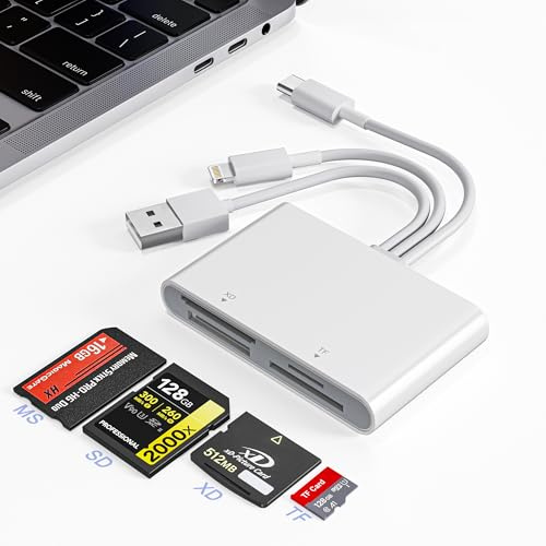 Memory Stick Pro Duo Adapter - 4-in-1 USB C/Lightning/USB-A to SD/TF/MS/XD Card Reader, High-Speed Photo Video Transfer from Camera to iPhone/Tablet/Computer