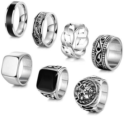 AFSITNIG 7Pcs Stainless Steel Vintage Signet Rings for Men Square Signet Rings Cuban Link Chain Ring Pinky Thumb Celtic Band Spinner Ring Silver Polished Edge Mens Ring Biker Rings Set,Size 13
