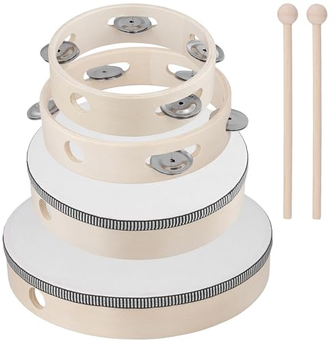 UNGFEI Wooden Hand Drum and Tambourine Set of 4, (6/7/8/10 inch) | 20 cm & 25 cm Drums with Sticks, 15 cm & 17 cm Tambourines with Metal Jingles