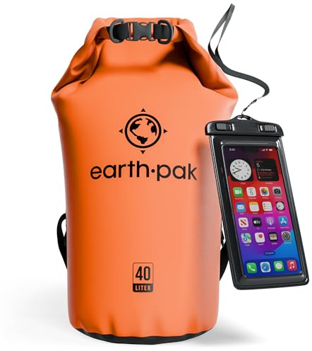 Earth Pak -Waterproof Dry Bag - Roll Top Dry Sack Keeps Gear Dry for Boating, Hiking, Camping and Fishing with Waterproof Phone Case (Orange, 55L)