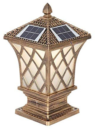 ACMHNC Retro Lámpara de Jardín Solar, LED Faros de Columna Antiguo Post Cap Lights IP65 Vintage Farola de Exterior 2200 Mah Luces de Camino Aluminio Lámpara de Columna Para Patio Paisaje,37Cm,Latón