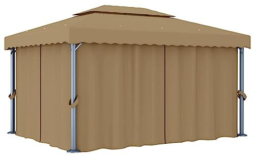 vidaXL Pavillon mit Vorhang Doppeldachdesign Gartenzelt Partyzelt Festzelt Gartenpavillon Bierzelt Garten Zelt Outdoor 4x3m Taupe Aluminium