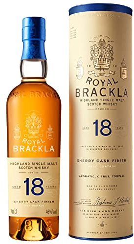 Royal Brackla 18 Jahre alter Highland Scotch Single Malt Whisky in edler Geschenkbox, in Palo Cortado-Sherryfässern veredelt, ideal als Whisky-Geschenkset, 46% Vol., 70 cl/700 ml