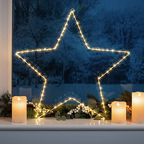 Christow Christmas Star Window Light, Battery Operated with Timer, 60cm Warm White Micro LED Star Decoration, Indoor Mantelpiece Door Wall Light