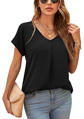 Yommay Blouses d'été pour femmes élégantes décontractées avec manches courtes en mousseline - Hauts pour femmes - T-shirts, 01 Noir, XL