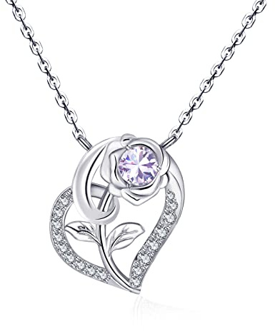 Qings June Alexandrite Moonstone Birthstone Necklace for Women 925 Sterling Silver Rose Flower Heart Pendant Necklaces with Cubic Zirconia Anniversary Birthstones Jewellery Gifts for Wife Her