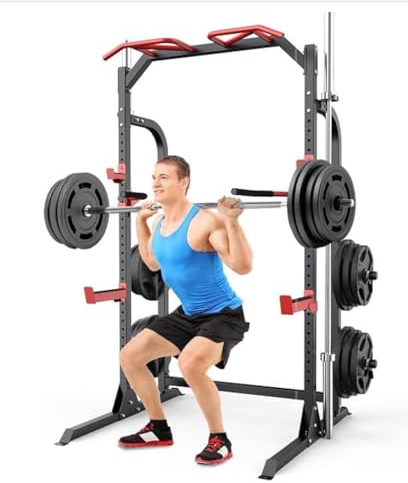 SunHome Power Cage Squat Rack, Multi-Functional Power Rack with J-Hooks, Dip Handles, Weight Plate and Olympic Bar Storage Home Gym