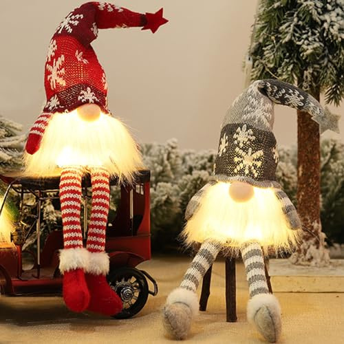 JOKILY 2 stycken jultomtar juldekoration med LED, juldekoration, tomte, tomten, belysta tomtefigurer, julfest, dekoration, leksaker, presenter för barn (A)