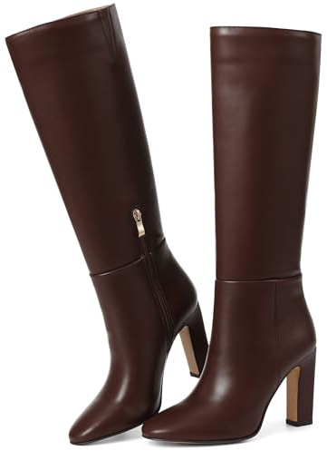 Attiposh Stivali alti al ginocchio da donna, punta tonda, stivali alti con tacco alto, cerniera laterale, stivali lunghi comodi alla moda, Marrone, 41 EU