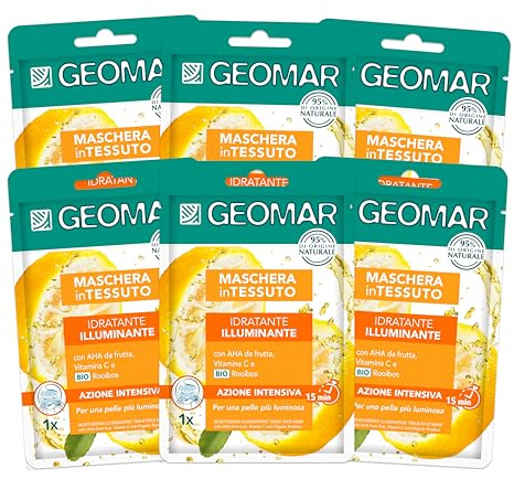 GEOMAR | Maschera Viso Tessuto, Idratante Illuminate, 95% di Origine Naturale, Dermatologicamente Testata, Formula Vegan, 6 x 22 ml