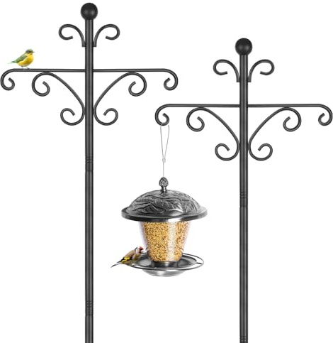 Confezione da 2 pali per mangiatoie per uccelli, 196 cm, stazione di alimentazione autoportante per il giardino, ganci in metallo resistente, doppi pastori, per luci, supporto, colore: nero