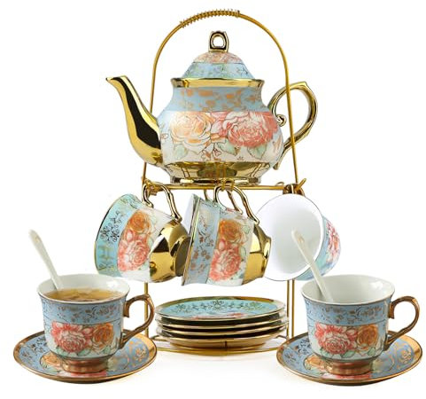20 Pcs Tea Sets with Teapot, Ceramic Tea Pot Set with Metal Holder and 6 Tea Cups, European Ceramic Tea Set for Afternoon Tea, 700 ml Tea Pot 160 ml Tea Cup for Party, Adult, Coffee, Flower Tea