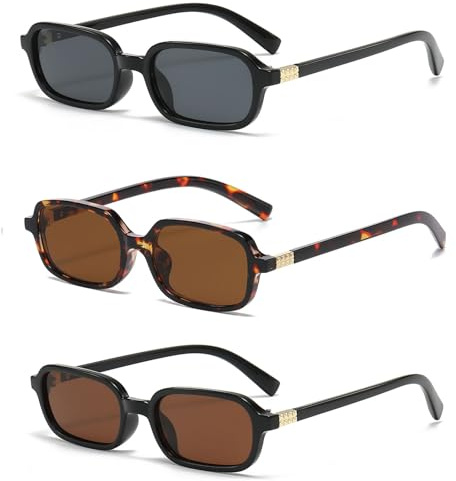 LJCZKA Occhiali da Sole Rettangolari Retrò per Donna Uomo Occhiali da Sole Montatura Piccolo Quadrati Anni 90 Vintage Moda Protezione UV400 (Nero Grigio+Nero Marrone+Leopardo Marrone)