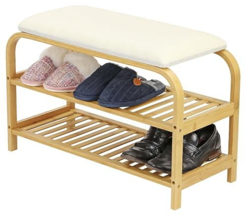 Livhome 2-Tier Narrow Shoe Bench Storage with Cushion, Compact Hallway Shoe Seat with Shelves, Durable Bamboo Shoe Rack Bench with Seat