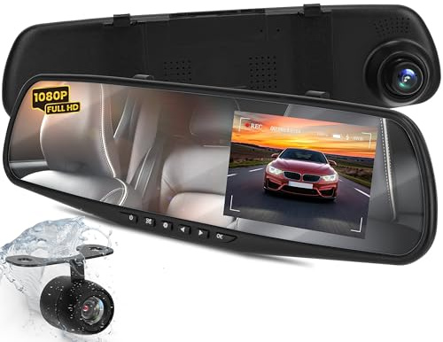 Pyle Dash Cam Rearview Mirror - 4.3” DVR Monitor Rear View Dual Camera Video Recording System in Full HD 1080p w/Built in G-Sensor Motion Detect Parking Control Loop Record Support - PLCMDVR49