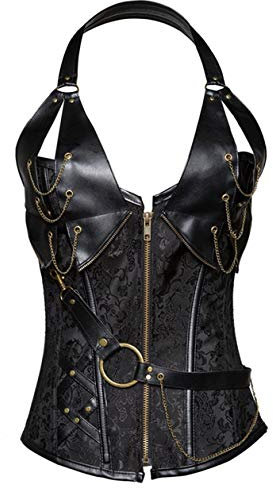 Sxybox Damen Faux Leder Steampunk Corsage Korsett Vollbrust Korsage,Schwarz,L