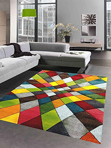 CARPETIA Abstrakter Teppich Wohnzimmer modernes buntes Rautenmuster Design orange gelb grün - pflegeleicht Größe 140x200 cm