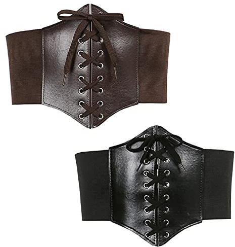 Spldsun 2 stycken retro dam midja korsettbälte, korsett elastiskt midjebälte, dam brett bälte korsett, gäller för dam korsetter halloween partyklänningar, SVART BRUN