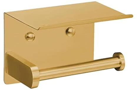 VAEHOLD Self Adhesive Toilet Paper Holder with Phone Shelf Stainless Steel Wall Mounted Toilet Paper Roll Holder - Rustproof and Bathroom Washroom Tissue Roll Holder with Storage Shelf - Gold