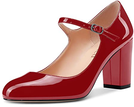 Saekcted Zapatos de Tacón Grueso para Mujer Punta Redonda Pumps Mary Jane Boda High Heels 8CM Burgundy Charol 36 EU