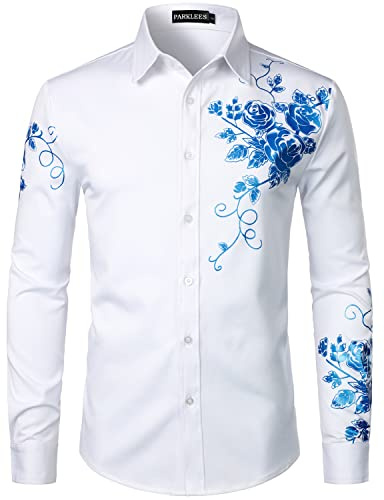 PARKLEES Men's Hipster Rose Floral Print Design Slim Fit Long Sleeve Button Up Party Dress Shirt White Royal M