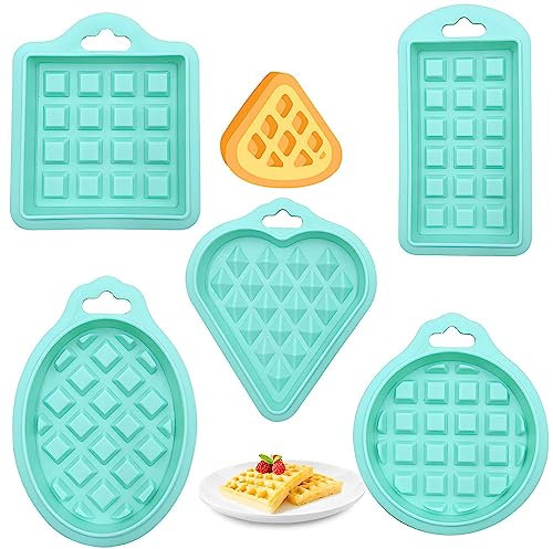 5 Pieces Silicone Waffles Mould Pancakes Mould - Non-Stick Mini Waffle Muffin Cake Moulds Heart Muffin Mould Multifunction Home DIY Reusable Waffle Baking Molds Breakfast Recipe(Green) Five Shapes
