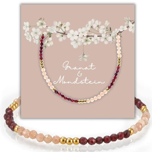 happymaker - Edelstein Armband Damen, Granat und Apricot Mondstein Armband mit vergoldeten Edelstahl, handgefertigt, Geschenkverpackung, Geschenke für Valentinstag