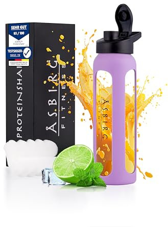 Asbirg Shaker Protéines en Verre Trempé - 700ml Gourde avec Boule Mélangeuse | Étanche, Sans BPA & Résistant | Violet Pastel