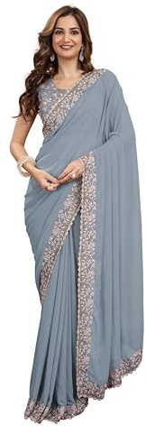 TRENDMALLS Women's Georgette Lakhanvi Embroidery with Sequence Moti work Women Saree (K1001-Grey)
