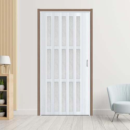 CCBOYSHARDWARE 48X80in Accordion Door with Frosted Acrylic Panels, Privacy PVC Folding Door with Lock & Handle, Double Magnetic Bifold Door for Closet, Pantry& Room Divider,Easy to Clean,Trimmable