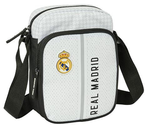 Safta REAL MADRID 1ª EQUIPACIÓN 24/25 - Bandolera con Bolsillo Exterior, Maletín Portatodo, Bandolera, Cómoda y Versátil, Calidad y Resistencia, 16x6x22 cm, Color Blanco/gris
