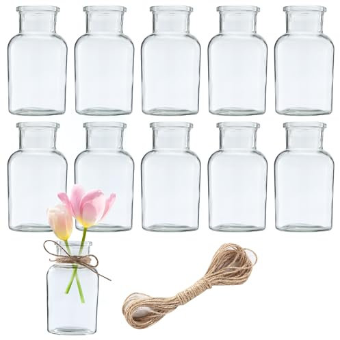 12 Stück Kleine Vasen,125ml Vasen Klein Tischdeko mit 10M Juteschnur,Glasvasen FüR Tischdeko,Retro Design,geeignet für Hochzeitsdekoration,Geburtstag,Party Set (125 ML)