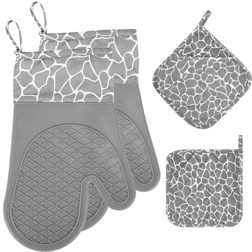 SinLaw Ofenhandschuhe Topflappen Set, Hitzebeständig bis 230°C, 4er Set, Zwei Handschuhe und Zwei Topflappen, Ofenhandschuhe Hitzebeständig, Backhandschuhe zum Kochen, Backen und Grillen (Gray)