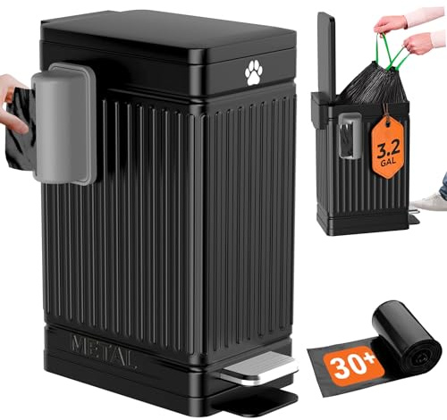 Pupzle Dog Poop Trash Can Outside, 3.2 Gal Metal Dog Waste Trash Can with Lid Outdoor, Waste Container with Pedal Garbage Poop Bin, Poo Bucket Outdoor with Lid for Backyard Odor Control (Black)