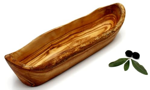 DAGDEG Brotschale aus Olivenholz 40 cm – rustikale Holzschale länglich – Handmade Baguette Schale – natürliche Obstschale Holz – mediterrane Deko – Unikat Schale Holz Handarbeit