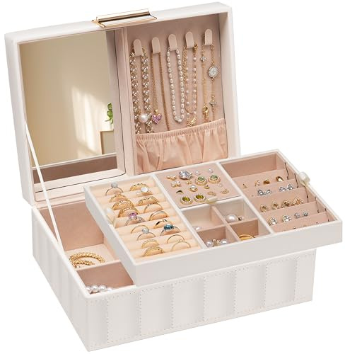 HOOBRO Caja de Joyas, Caja Joyero, Estuche de 2 Niveles, PU con Costuras, Bandeja Extraíble, para Pendientes, Collares, Anillos, Blanco EWT15JB04G1