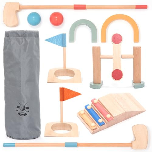 umu® Minigolf Set aus Holz für Kinder – 6 Hindernisse, Indoor und Outdoor Spielzeug Golfset mit Bällen und Golfschlägern – Kreatives Lernspielzeug für Jungen und Mädchen ab 3 4 5 6 Jahren