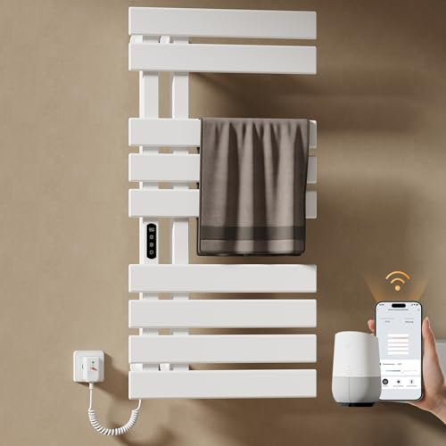 EMKE Handtuchheizkörper Elektrisch 1000 x 500 mm, WiFi Smart Thermostat Elektrischer Badheizkörper Handtuchhalter, Handtuchwärmer Elektrisch für Alexa und Google Home und APP Weiß 320W (Left)