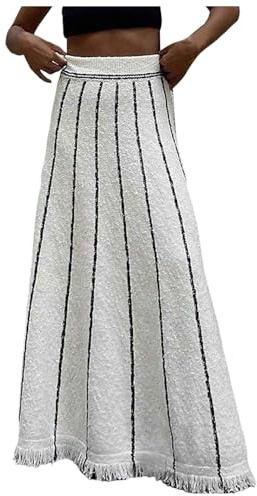 KBOPLEMQ Gonna a righe da donna a spacco maxi gonna con frange, elasticizzata, casual, a maglia, a vita alta, linea ad A, gonna lunga, elegante a coste, per il tempo libero