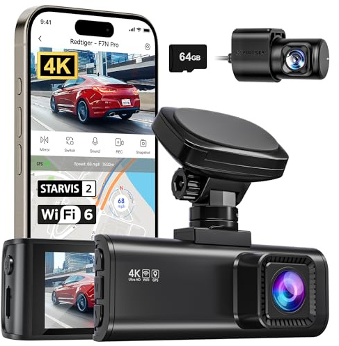 REDTIGER 4K Dash Cam Front and Rear, STARVIS 2 Sensor, 64GB Card Included, 4K/2.5K+1080P Dual Dash Camera for Cars Built-in WiFi GPS, 3.18 Inch IPS Screen, 170° Wide Angle, Parking Monitor (F7N Pro)