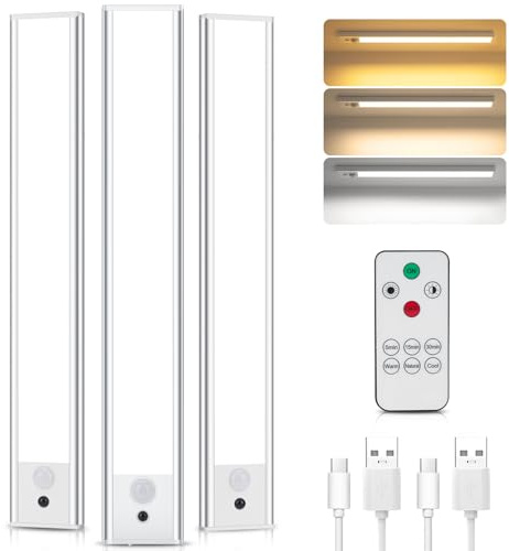 Under Cabinet Kitchen Lights with Remote Control, 3 Color, 2200mAH Battery | 3 Pack 31 cm Motion Sensor Lights Indoor 3000K/4000K/6500K Temperature Wireless Lights Rechargeable Lights for Bookshelf