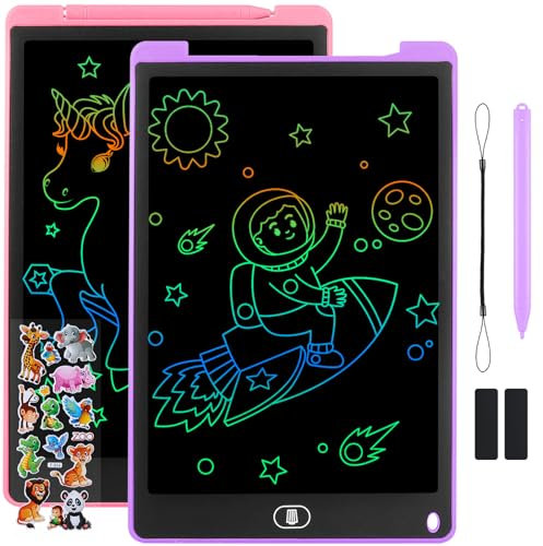 Damcyer Tavoletta Grafica LCD Scrittura 12 Pollici-2 Pezzi,LCD Tavoletta Grafica Bambini con Schermo Colorato,Taccuino Cancellabile con Adesivi Animali,per Ragazzi e Ragazze di età 3 4 5 6,Rosa+Viola