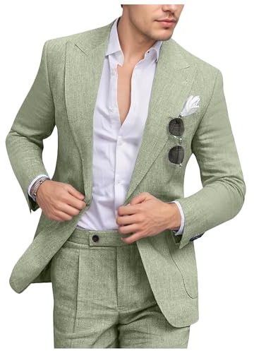 2 Piece Linen Suits for Men Slim Fit Light Green Casual Suit Summer Groomsmen Lightweight Tuxedo Blazer Pants Set L