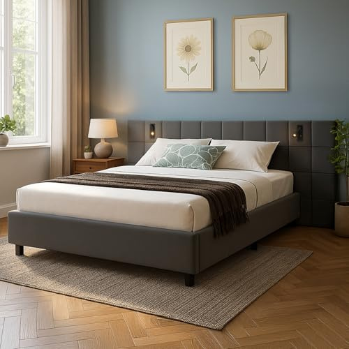 Juskys Polsterbett 140x200 cm Luzano - Bett mit LED, Lattenrost & Kopfteil - Modernes Bettgestell aus Holz & Samt - Doppelbett, Samtbett - Dunkelgrau
