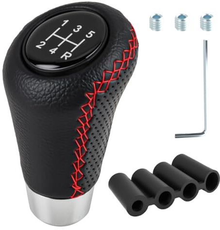 coalwop Car Gear Knob 5 Speed, Universal Leather Gear Shift Lever, Manual Gear Stick Knob with 3 Hoses 8mm10mm12mm Suitable for Most Manual and Automatic Cars