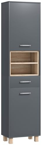 HOMCOM Colonne Salle de Bain, Meuble Salle de Bain Rangement, Meuble de Rangement avec tiroir, 2 placards et 2 Compartiments Ouverts, Armoire Haute pour Cuisine, Salon, 40 x 24 x 160 cm, Gris