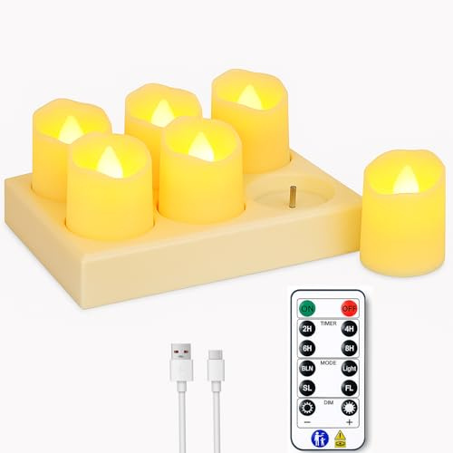CILIENG 6 piezas Velas LED Recargables, Velas de té Sin Ilama con Temporizador de Mando a Distancia, Decoración para Halloween, Navidad, Bodas, Fiestas - Ø 4cm x H 4,6cm
