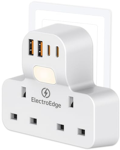 Extension Plug -ElectroEdge, Fast Charging PD20W USB ports & Built-in Nightlight. 6-in-1 socket adapter, 2 Type-C & 2 USB-A, 13A UK plugs, wall socket power strip for Home, Office, Kitchen, University