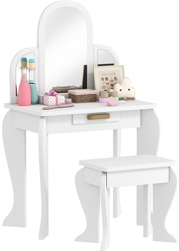 HOMCOM Kids Dressing Table and Stool Kids Vanity Set Makeup Desk w/Mirror, Drawer, for Ages 3-6 Years, White