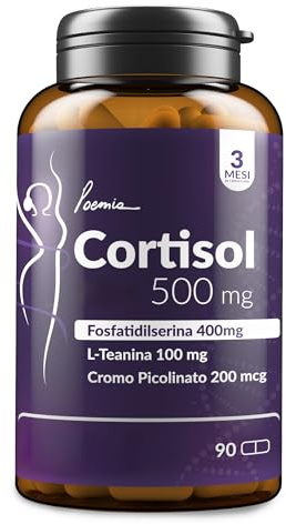 CORTISOL Abbassare il Cortisolo 500mg Fosfatidilserina 400mg + L-Teanina 100mg + Cromo Picolinato Integratore Memoria e Concentrazione 90 Capsule Poemia
